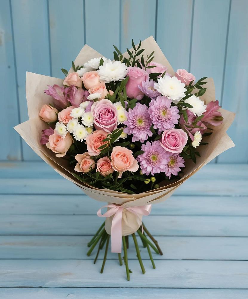 Букет цветов из: Хризантемы, Розы и Альстромерии в Бутово
