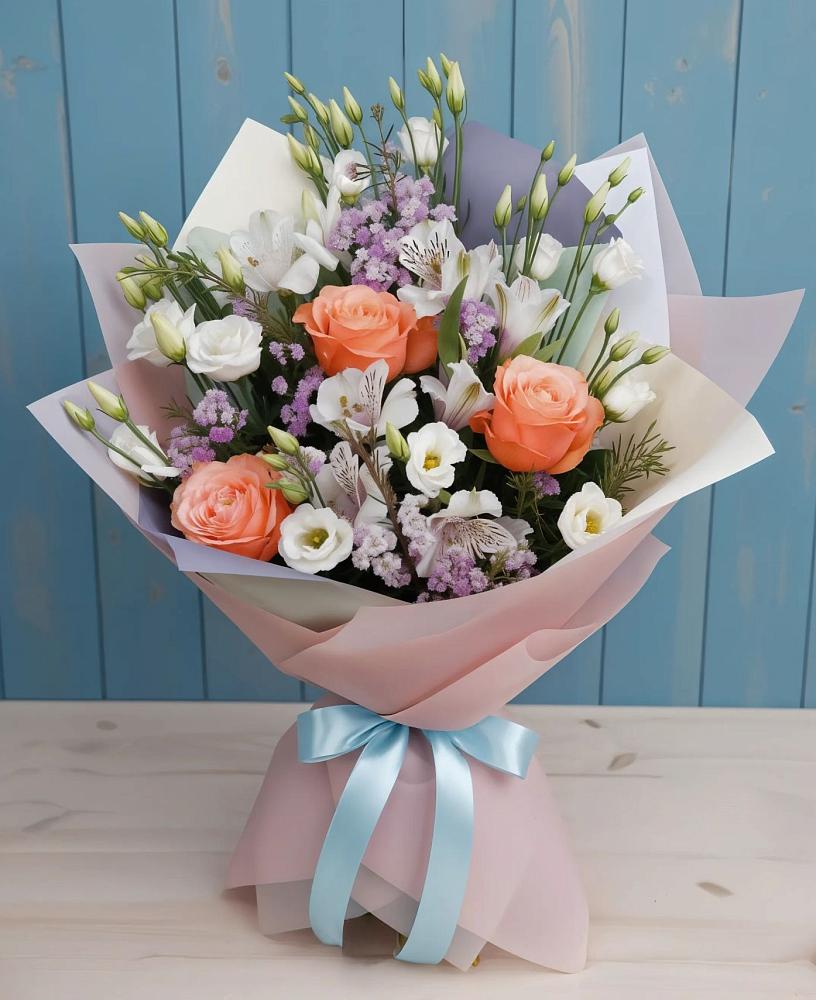 Букет цветов из: Лизиантусы, Розы, Альстромерии и Гипсофила в Бутово