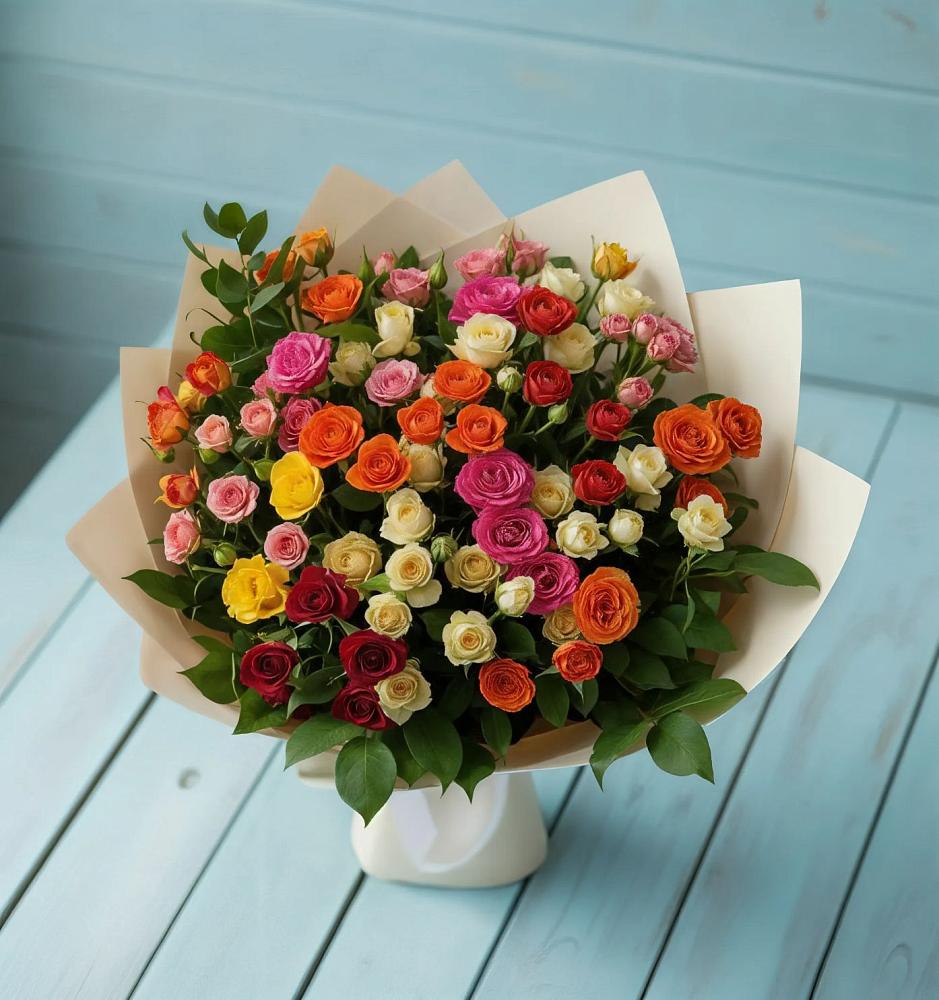 Букет Микс из разноцветных кустовых роз в Бутово