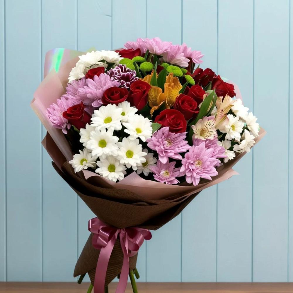 Букет цветов из: Розы, Хризантемы и Альстромерии в Бутово